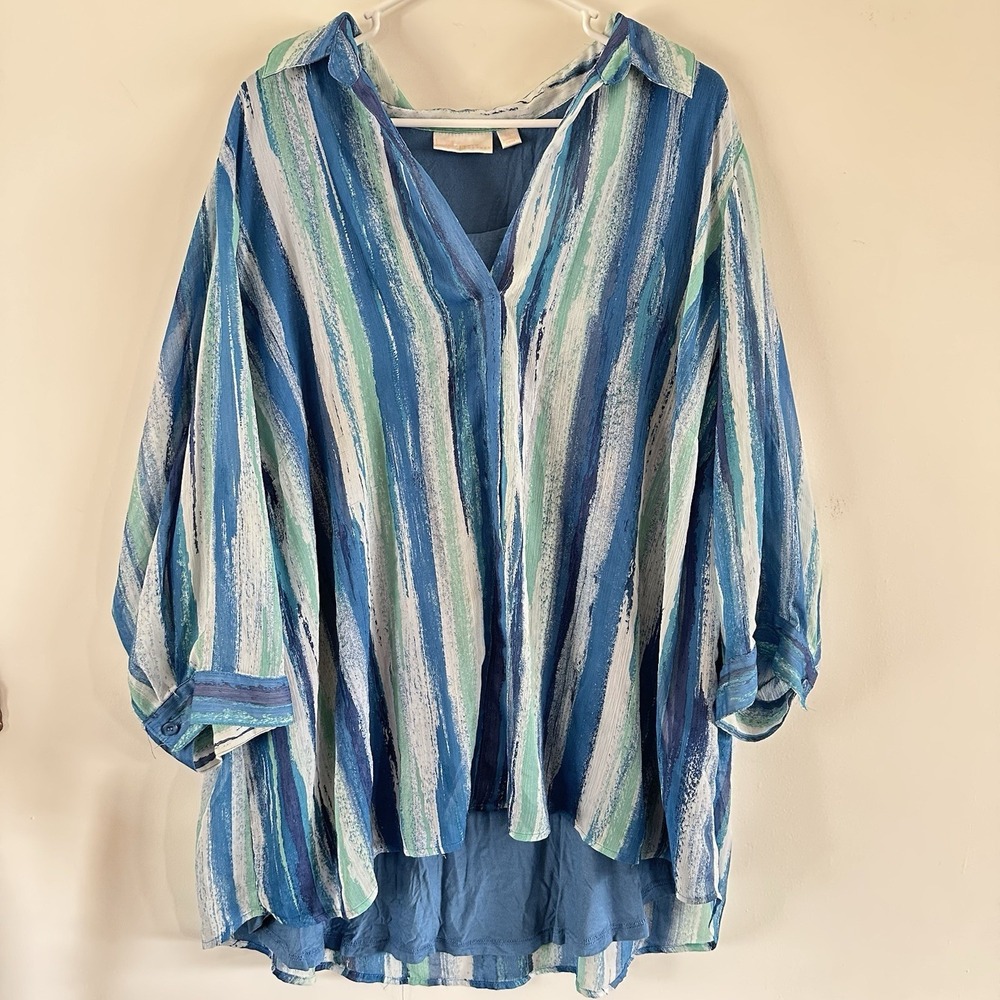 Belle by Kim Gravel Blue Green Striped Split Neck Blouse Lined Tunic Top 2X Blue